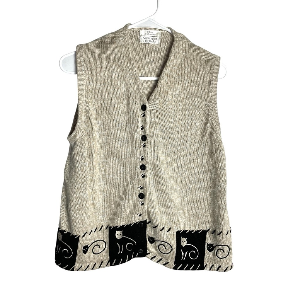 Vtg Christopher & Banks Cat Sweater Vest Womens M Beige‎ Black Hand Embroidered